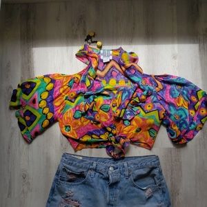 True Vintage 80s/90s Abstract Geo Print Neon Crop